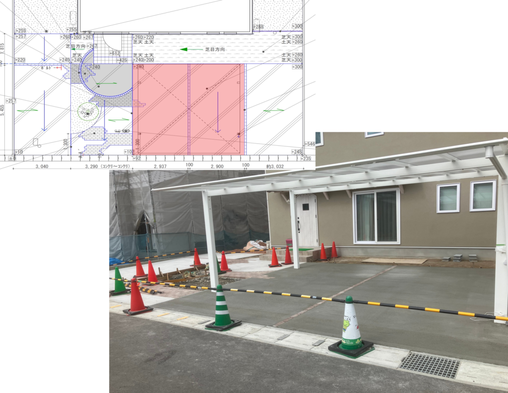 松江市 外構工事 カーポート設置工事中の施工図と現場写真